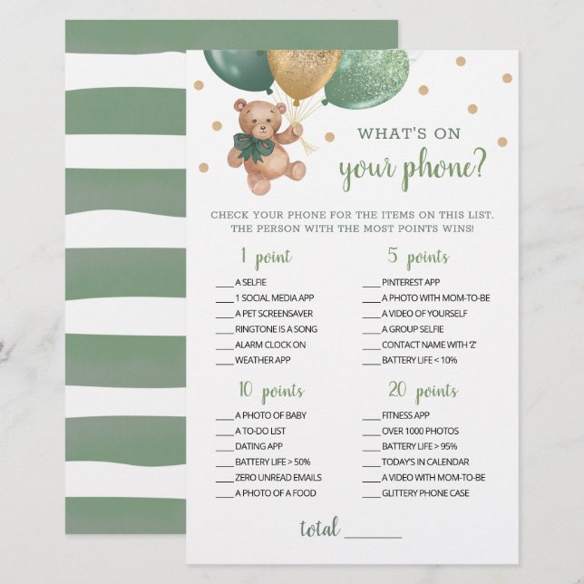 Vad finns på din telefon Baby Shower Spel Teddybjö (Fram/baksida)