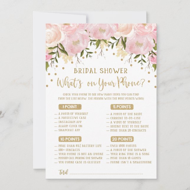 Vad finns på din telefon bröllopsdusch spel rosa g (Framsida)