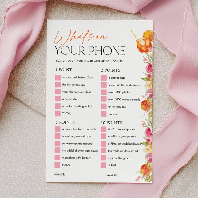 Vad finns på din telefon Bröllopsduschspel Spritz (What's on your phone? Bridal Shower Citrus Theme | Love at First Spritz | Pink Orange)