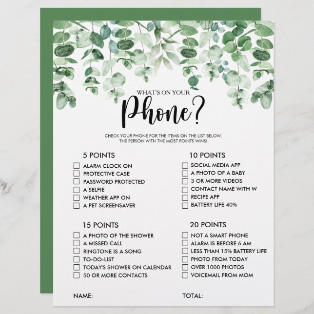 Vad finns på din telefon Eukalyptus Bröllopsduschs (Fram/baksida)