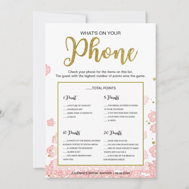 Vad finns på din telefon spel | Rosa och guld glit (Framsida)