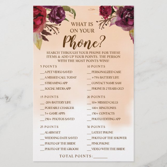 Vad finns på ditt Mobila Burgundy Shower-spelkort? Flygblad (Framsidan)