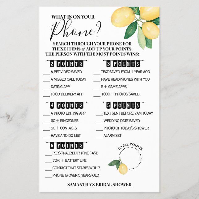 Vad finns på ditt Mobila Lemons Shower Game Card? Flygblad (Framsidan)