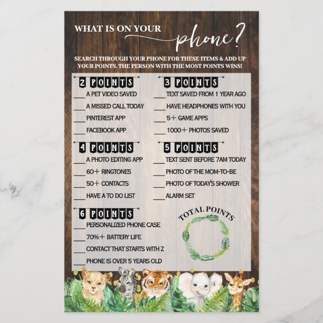 Vad finns på ditt Mobila safari Baby Shower-spelko Flygblad (Framsidan)