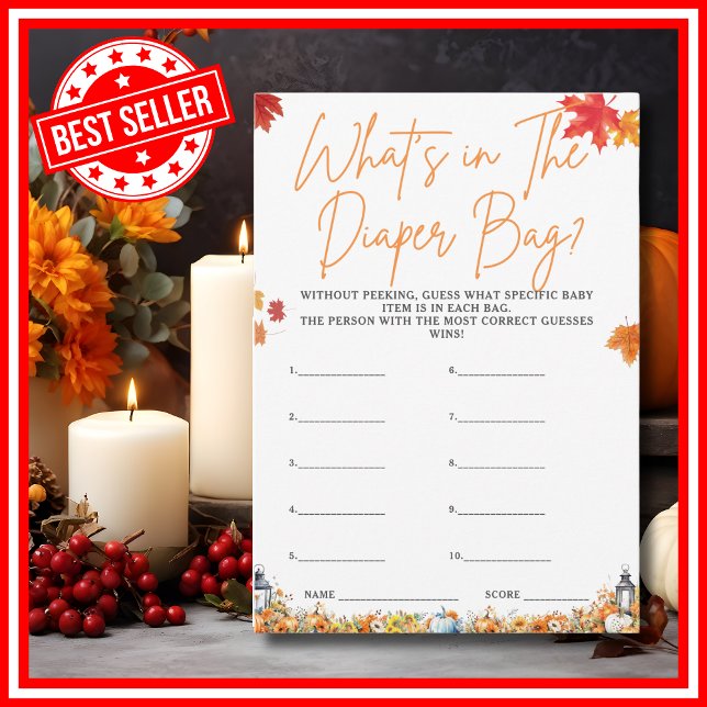 VAD FINS I BLÖJBAGEN Baby Shower Lek Pumpa Inbjudningar (WHAT'S IN THE DIAPER BAG Easy Baby Shower Game A Little Pumpkin is on the Way Fall Autumn Theme )