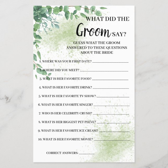 Vad Groom säger Eucalyptus Greenery Game Card Flygblad (Framsidan)