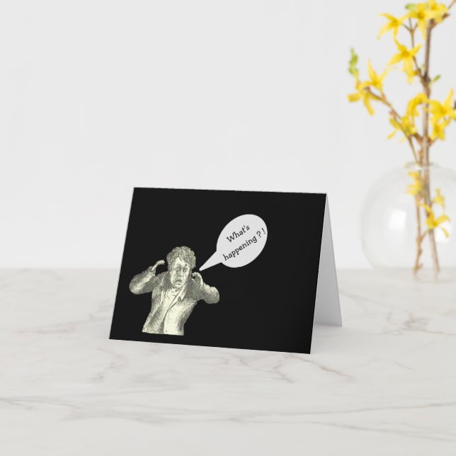 "VAD HÄNDER?!/CHECKA IN/TECKNAD MAN? KORT (Gul blomma)