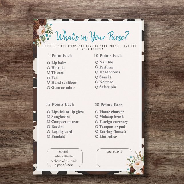 Vad har du i din handväska? Bröllopslek boho spel Inbjudningar (What’s in Your Purse? Bridal Shower boho Game)