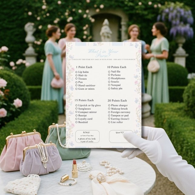 Vad har du i din handväska? Romantiskt blommigt sp Inbjudningar (What’s in Your Purse? Romantic Floral Game)