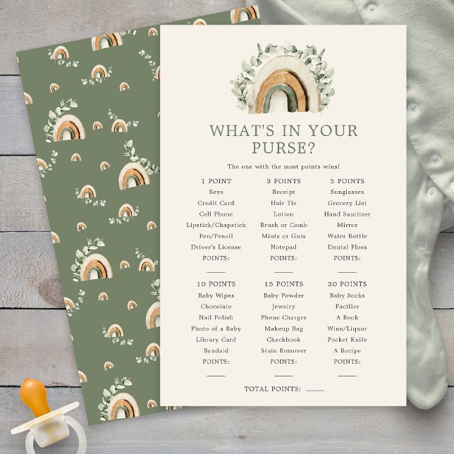 Vad har du i handväskan Baby Lek (Watercolor Sage Green Rainbow Boho What's In Your Purse Baby Game Card by Painted Paperie
)