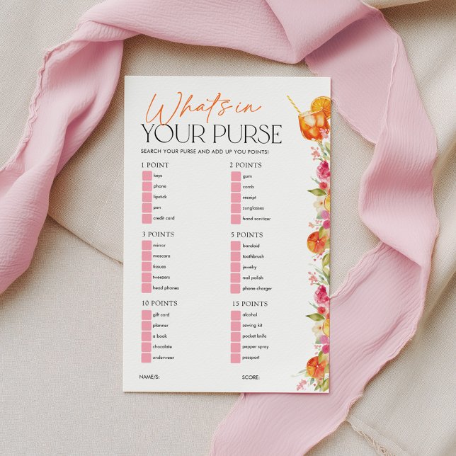 Vad har du i handväskan Bröllopsfest spel Spritz (What's in your purse? Bridal Shower game | Love at First Spritz Floral Citrus theme)