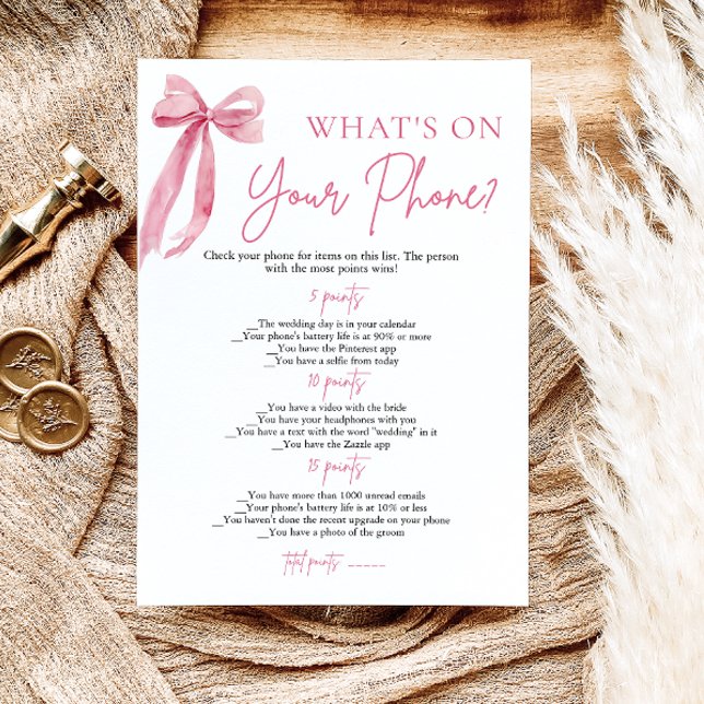 Vad Har Du I Telefonen Bröllopsfestspel Med Rosa B Inbjudningar (Pink Bow What's On Your Phone Bridal Shower Game)