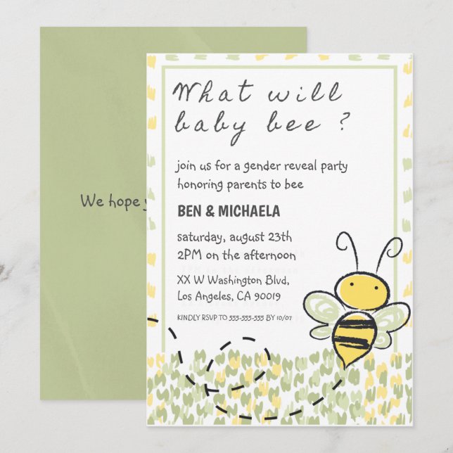 Vad kommer Baby Bee Baby Shower Bee Gender Reveal? Inbjudningar (Fram/baksida)