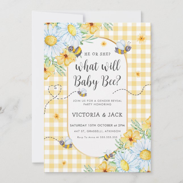 Vad kommer Baby Bee Gult Gingham Gender Reveal? Inbjudningar (Framsida)