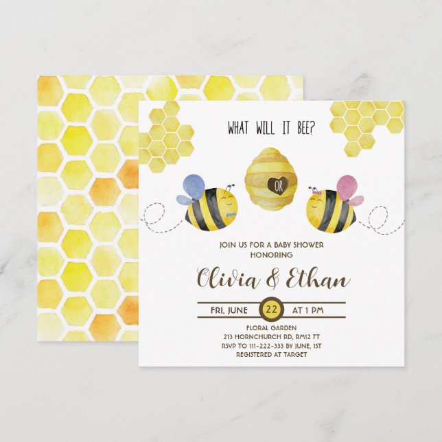 Vad kommer baby bias gender att visa på babydusch  inbjudningar (Fram/baksida)