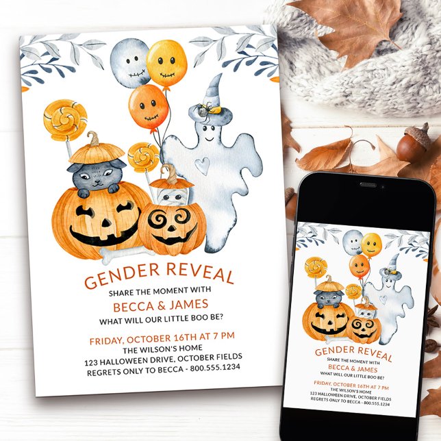 Vad kommer det lilla Boo att bli för halloween-Gen Inbjudningar (Halloween themed gender reveal with cute ghost, balloons and pumpkins)