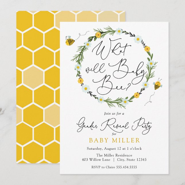 Vad kommer inbjudan till baby Bee Gender Reveal? (Fram/baksida)