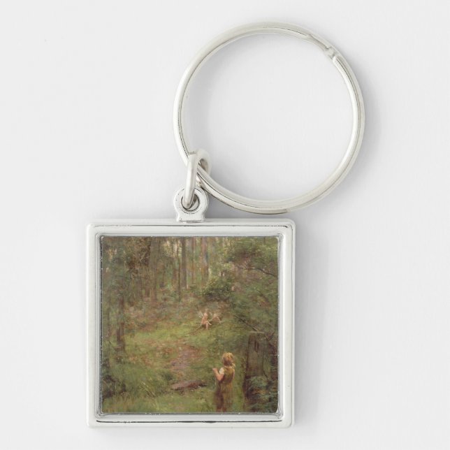 Vad liten flicka sågar i Bush, 1904 Fyrkantig Silverfärgad Nyckelring (Framsidan)
