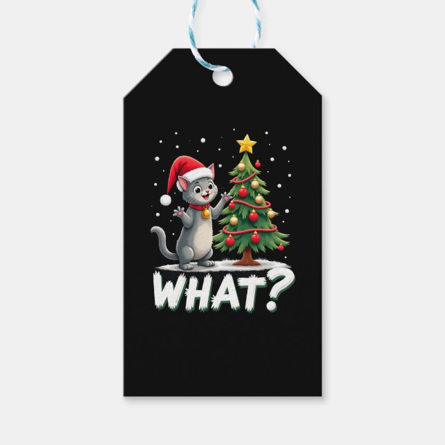 Vad Rolig Katt Knuffar Julgran Över Katt Xma Presentetikett (Framsidan)