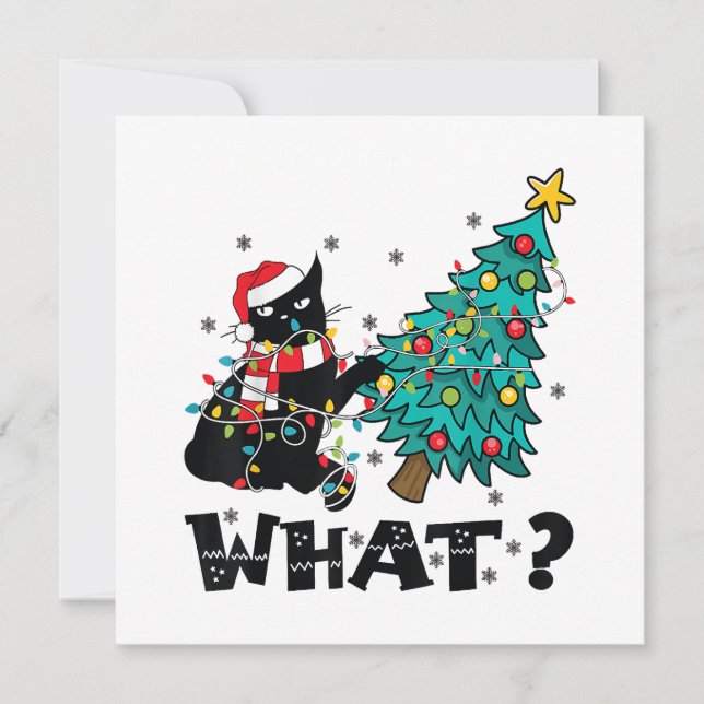 VAD roligt Black Cat Santa Pushing Julgran Inbjudningar (Framsida)