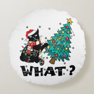 VAD roligt Black Cat Santa Pushing Julgran Rund Kudde