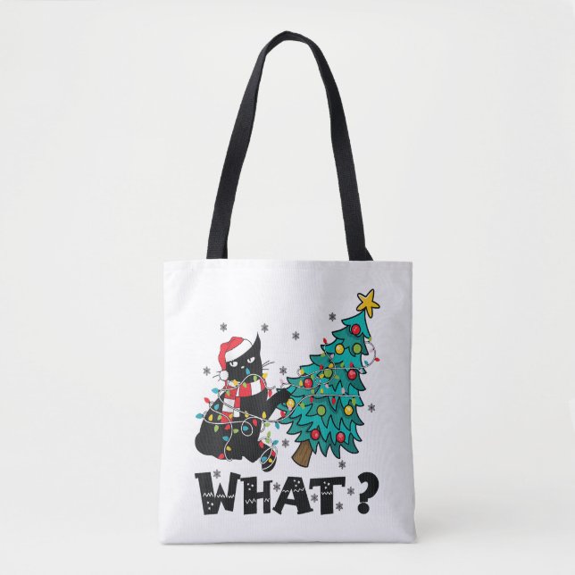 VAD roligt Black Cat Santa Pushing Julgran Tygkasse (Framsida)