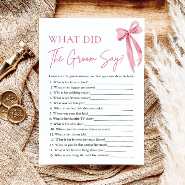 Vad sa brudgummen Bröllopsduschspel med rosa band Inbjudningar (Pink Bow What Did The Groom Say Bridal Shower Game)