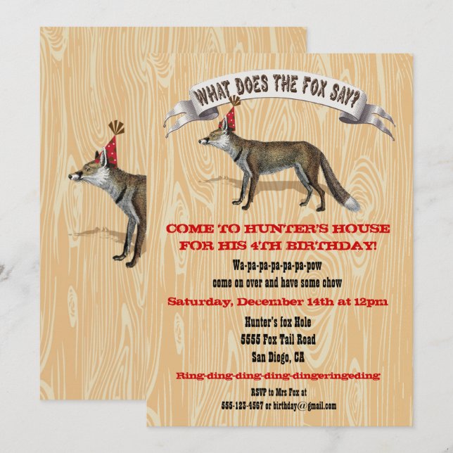 Vad säger räven Födelsedagsfest inbjudan? Inbjudningar (Fram/baksida)