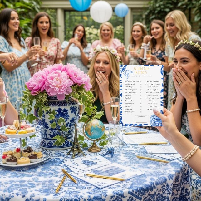Vad skulle hon välja? Blått bröllopsduschspel Inbjudningar (What Would She Choose? Blue Bridal Shower game)