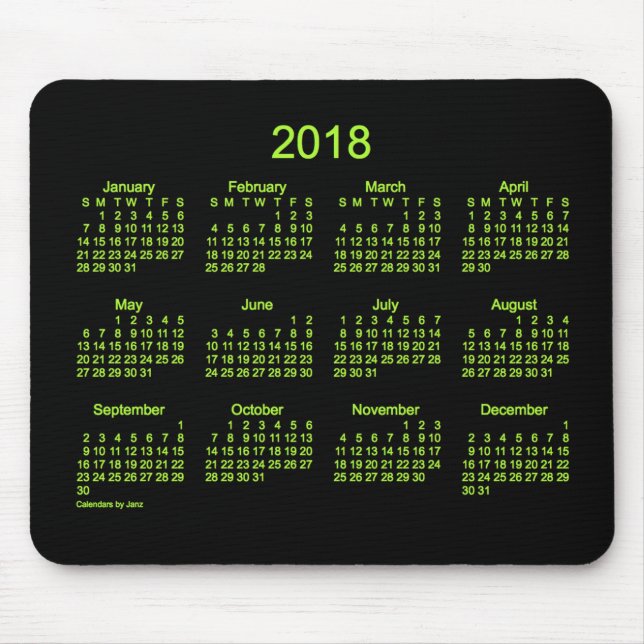 Vadderar den gröna kalendern 2018 för neon vid den musmatta (Framsidan)
