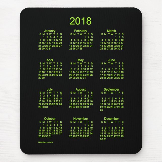 Vadderar den gröna kalendern 2018 för neon vid den musmatta (Framsidan)