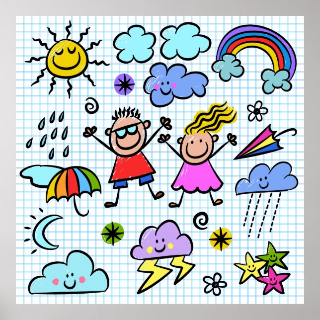 Väder Kids Lycklig Cheerful Doodles Poster (Framsidan)