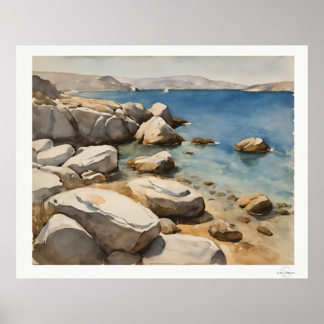 Väderbiten strandlinje och djupblå vik konsttryck poster (Framsidan)
