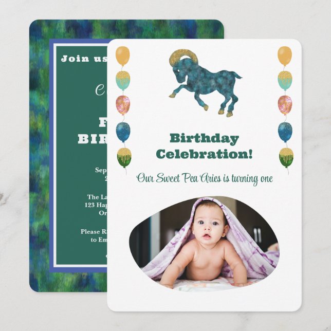 Väduren 1-års födelsedagsfoto Impressionist Guld   Inbjudningar (Fram/baksida)