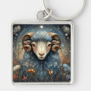 Väduren Ram Zodiak Astrologi Celestial Födelsedag Fyrkantig Silverfärgad Nyckelring