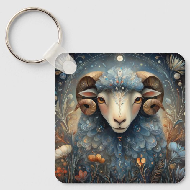 Väduren Ram Zodiak Astrologi Celestial Födelsedag Nyckelring (Framsida)