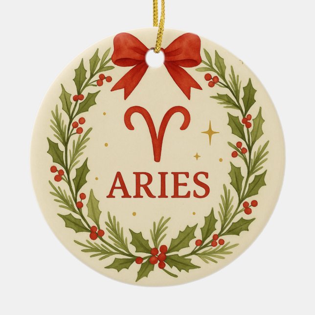 Väduren Zodiac julgransprydnad – Festiv lagerblads Keramik (Framsidan)