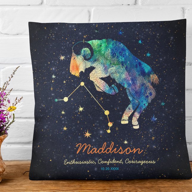 Vädurens stjärnbild Zodiak Vattenfärg Stjärnor Gal Kudde (Front and Back)