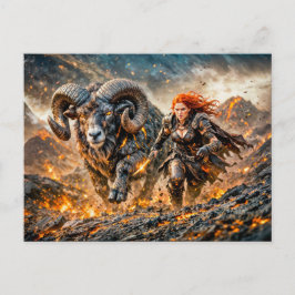 Vädurens stjärntecken med krigare och laddande bag vykort