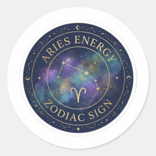 Vädurens Zodiak Energi Celestial Guld och Marinblå Runt Klistermärke
