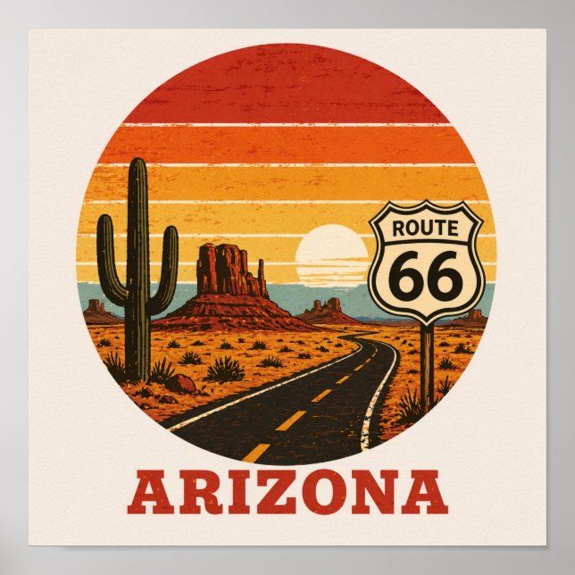 Väg 66 Arizona Öken Kaktus Solnedgång Poster (Framsidan)