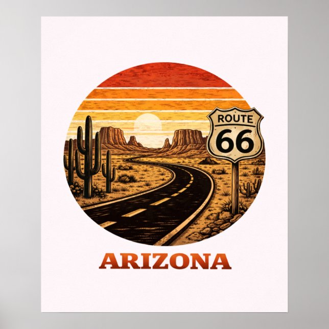 Väg 66 Arizona Öken Retro Randig Solnedgång Affisc Poster (Framsidan)