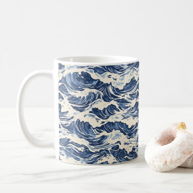 Våg Blått Mönster Kaffemugg (Med munk)
