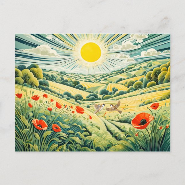Väg genom Poppy Fält med flygande Sparrows Vykort (Framsida)