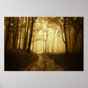 Väg i en mörk med dimma poster