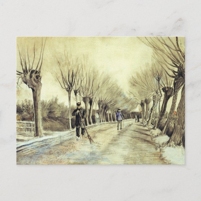 Väg med pollarerade Willows och en man med ett rum Vykort (Framsida)