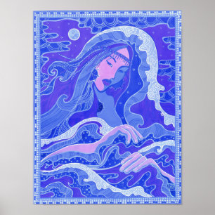 Våg, Sjöjungfru, Fantasy Art Asian Girl, Blue & Ro Poster