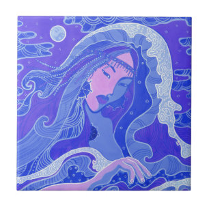 Våg, Sjöjungfru Fantasy Surreal Asian Girl Blue Kakelplatta