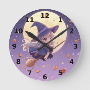 Väg som flyger över väggklotet Måne Halloween Rund Klocka