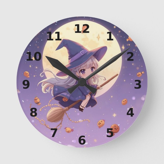 Väg som flyger över väggklotet Måne Halloween Rund Klocka (Framsida)